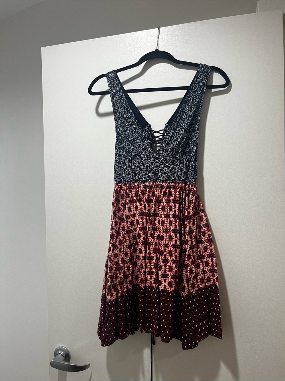 Lulu's Mixed-Print Mini Dress in Navy and Burgundy